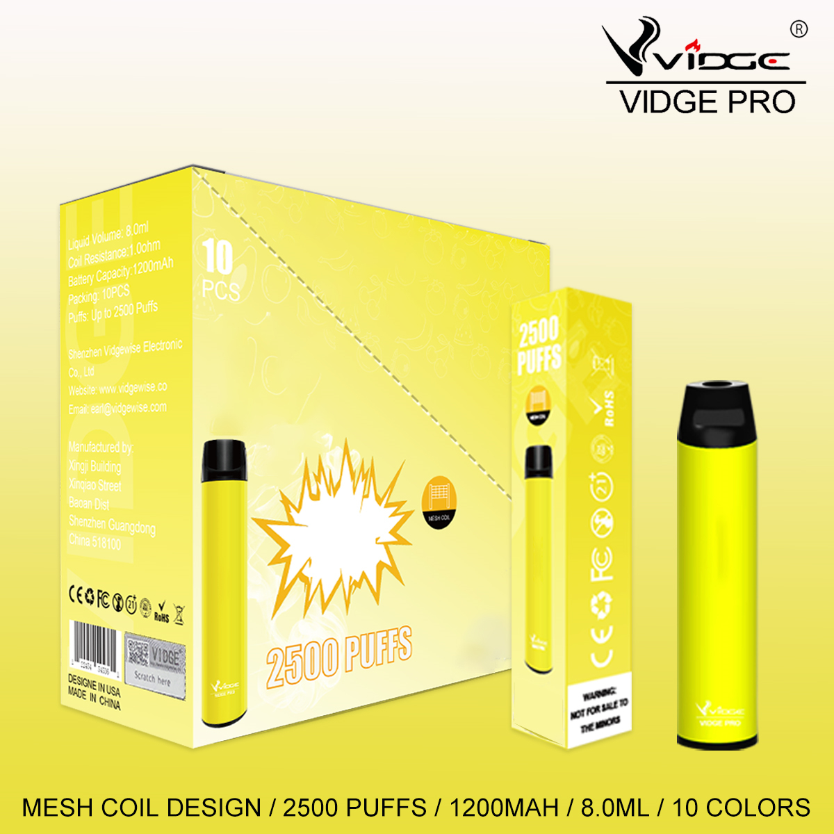 

Factory Bulk Price VIDGE PRO 2500Puffs Disposable Electronic Cigarettes Mesh Coil Vape Pen 10 Colors 8.0ml Prefilled Oil