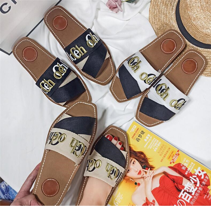 

2021 Newest Branded Women Woody Mules Fflat Slipper Deisgner Lady Lettering Fabric Outdoor Leather Sole Slide Sandal Large Size Euro35-eur42, Black