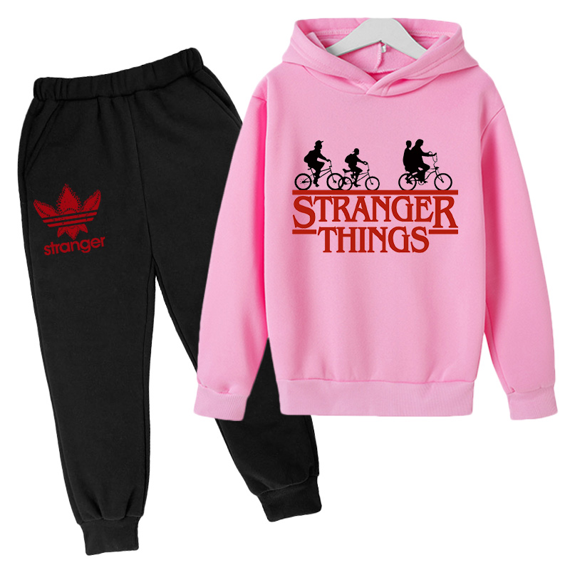 

Strange story sweater Strider things Plush Pullover Hooded sports kid's Hoodie+pant sets children sportware, Pink