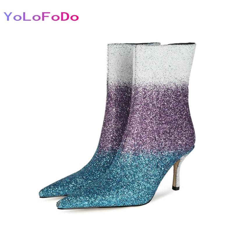 

Boots Fashion Bling Thin Heel Women Ankle Pointed Toe Side Zipper Short Party Woman's Shoes Big Size 34-45, Black