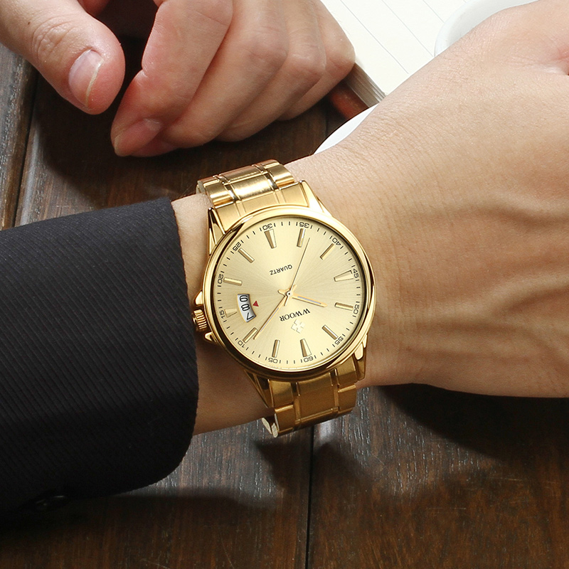 

Relogios Masculino WWOOR Mens Watch Top Luxury Gold Quartz Calandar Clock Men Golden Stainless Steel Sport Watch erkek kol saatig, Gold black
