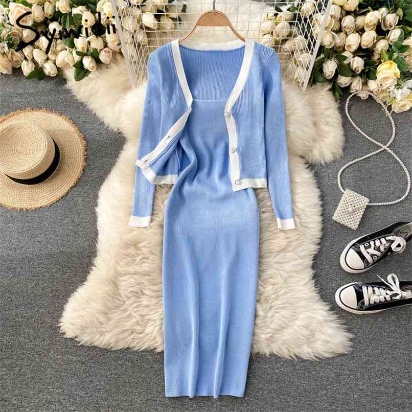 

Knitted 2 Piece Jacket and Camis Dress for Women Elegant Button Up Long Sleeve Shirts A-line Midi Dresses Summer 210607, Black