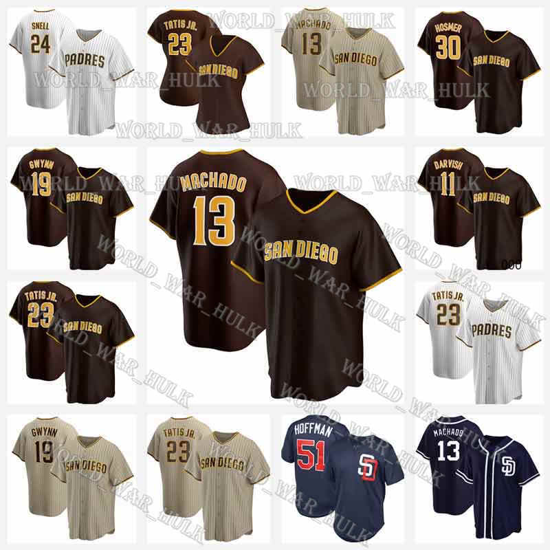

San Diego Padres 23 Fernando Tatis Jr. 13 Manny Machado 19 Tony Gwynn Kids Men Women Youth Custom White Brown Replica Home Jersey, Blue;black