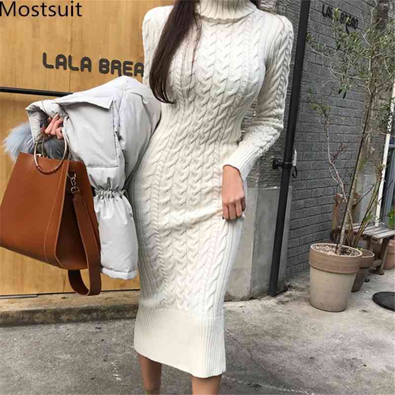 

Winter Korean Twisted Knitted Turtleneck Pencil Dress Women Long Sleeve Elegant Slim Ladies Dresses Vestidos Femme 210518, Beige