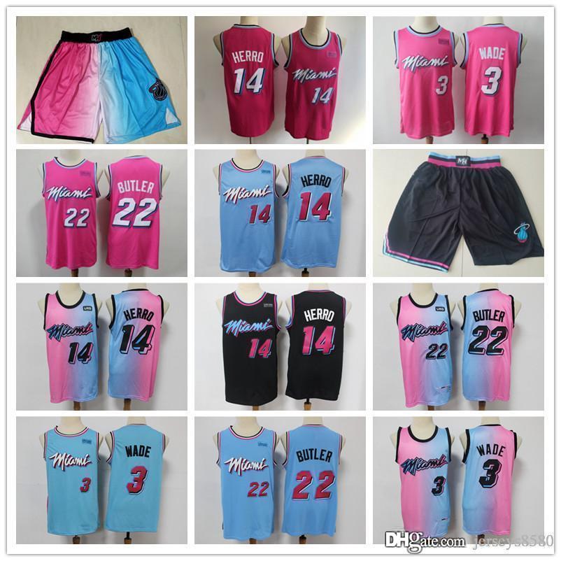 

Mens MiamiHeatsThrowback jerseys Dwyane 3 Wade Tyler 14 Herro Jimmy 22 Butler Basketball Shorts Basketball Jerseys pink Black, Color