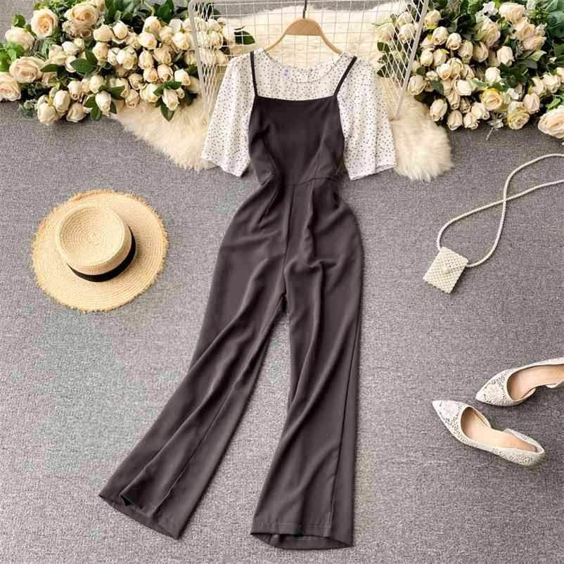 

Women Teo Piece Set Wave Point T-shirt Versatile Suspender Jumpsuit Solid Color Fashion Spring Summer 11B703 210525, Black