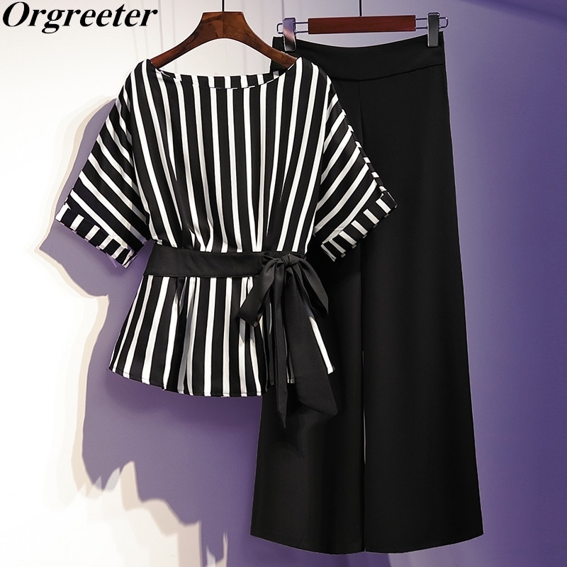 

Plus Size Women Work Wear 2 Pieces set Summer Batwing Sleeve Bow Tie up Striped Blouse and Wide leg pants Suit 210525, Black