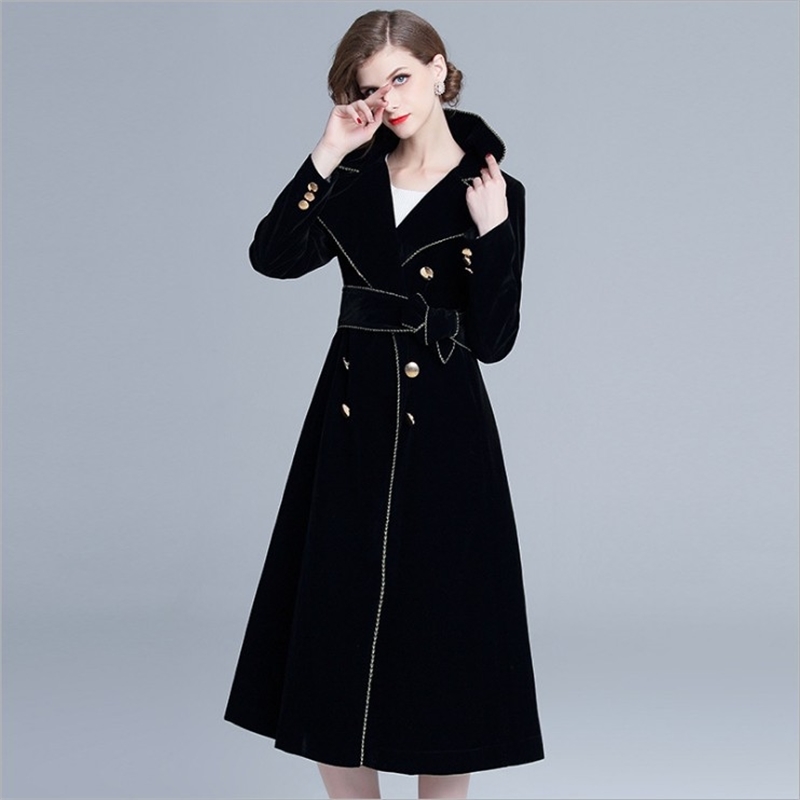 

Autumn and winter new women' windbreaker long sleeve Lapel double row buckle lace Hepburn velvet coat, Black