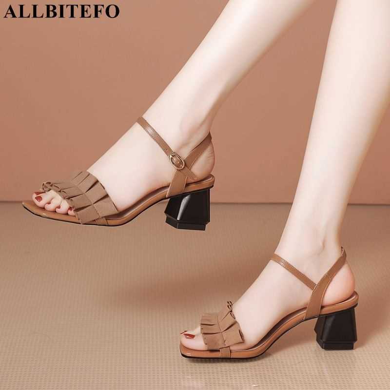 

ALLBITEFO Size 34-42 Tassels Design Thick Heel Genuine Leather Women Heels Sandals Summer Shoes Sexy Fashion Girls Shoes Sandals 210611, As picture