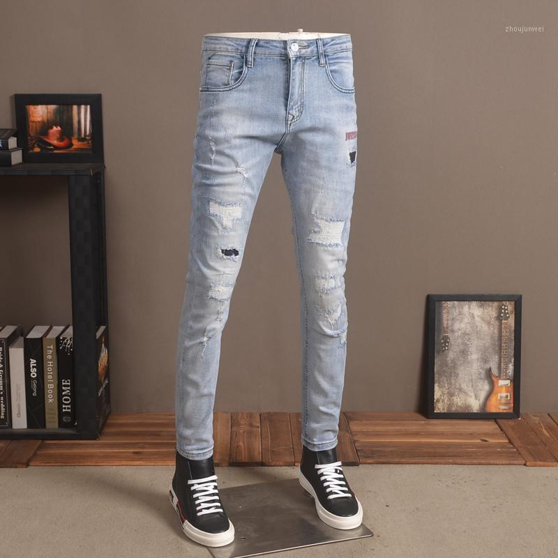 

Summer Ripped Jeans Men Streetwear Printed Holes Patch Denim Trousers Casual Light Blue Slim Fit Pencil Pants Men's