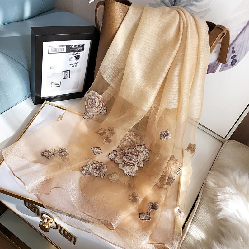 

Hats, Scarves & Gloves Sets Hangzhou China Real Silk Wool Embroidery Champagne Gray Blue Scarf Women's Shawl Ornament Size:70*190cm(dry Clea