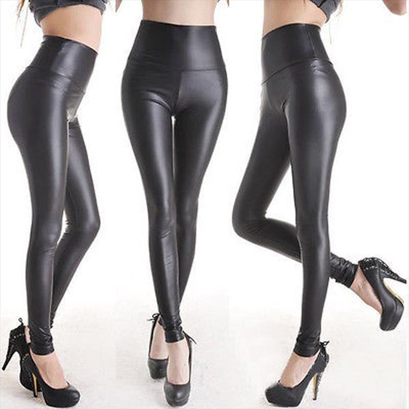 

spring autumn matt look women legging pu leather high waist pants elastic slim retro stretch black