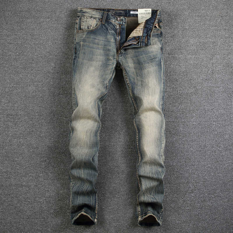 

Italian Style Fashion Men Jeans Retro Wash High Quality Elastic Cotton Slim Denim Pants Vintage Designer Long Trousers K851, Retro yellow
