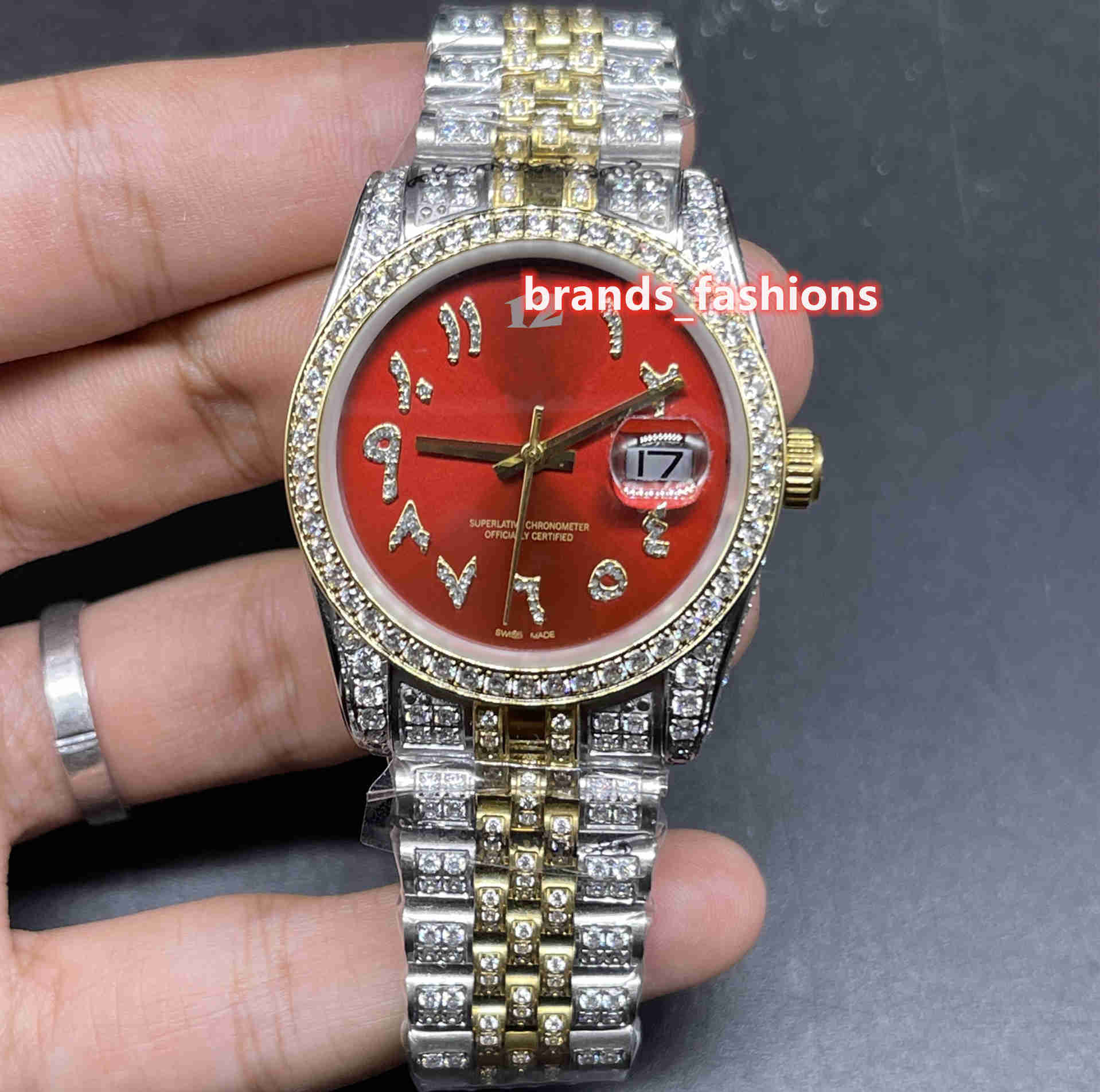

Popular New Men's Hip Hop Wristwatch Red Face Arabic Scale Bi-gold Strap Fully Automatic Mechanical Diamond Watches