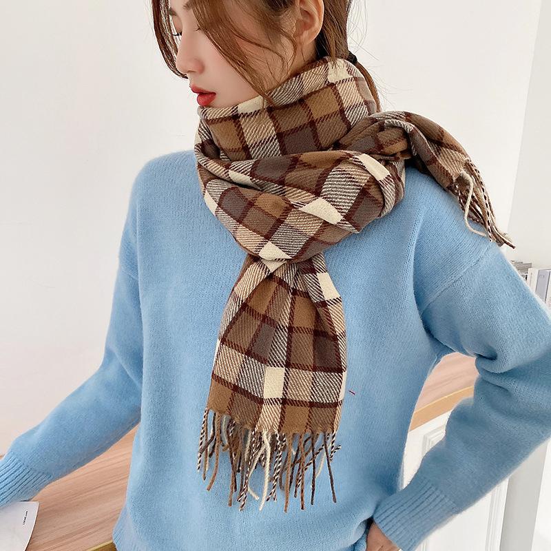 

Scarves Fashion Imitation Cashmere Women Vintage Winter Sweet Plaid Scarf Warm Bandana Outdoor Casual Wild Female Tassel Long Wrap Shawl, Blue;gray