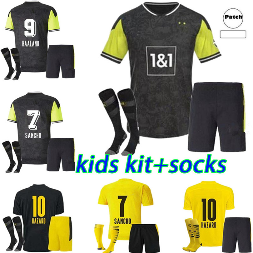 

2021 Kids Kit +socks home yellow soccer Jersey 20 21 #7 SANCHO #11 REUS DortmunD away CHILD football shirt Customized