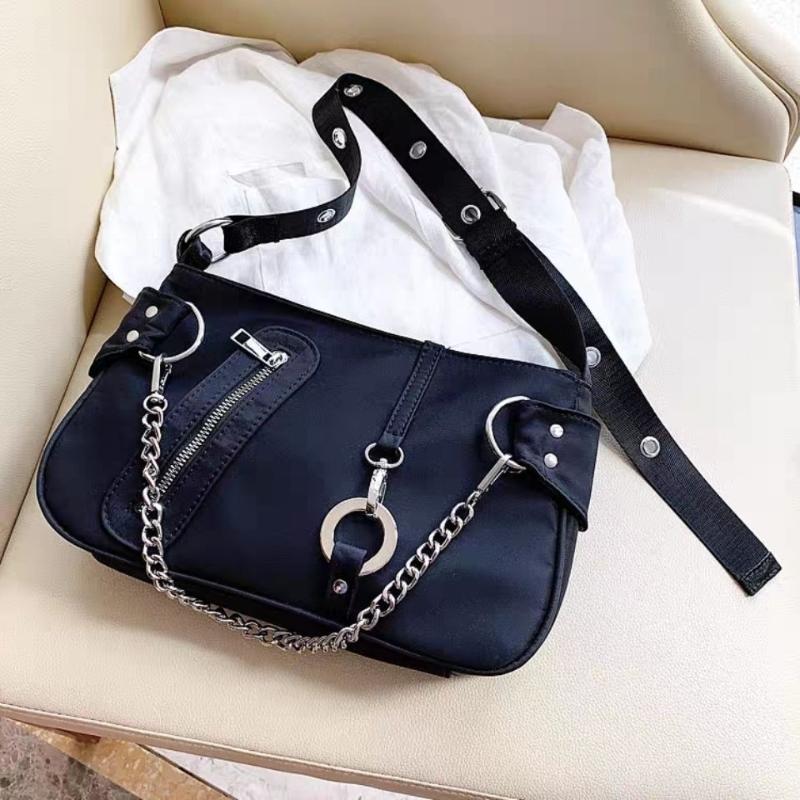 

Solid Color Nylon Women Wide Strap Shoulder Underarm Bags Female Small Purse Tote Handbags Fashion Cool Girls Chain Armpit Bag Cross Body