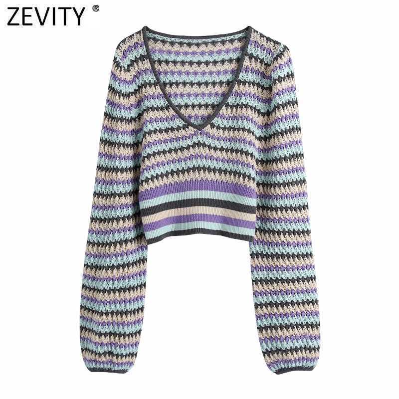 

Zevity Women Fashion Color Matching Hollow Out Crochet Knitting Sweater Ladies V Neck Casual Slim Crop Pullovers Tops SW822 210603, As pic sw822bb