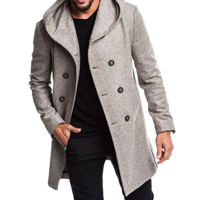 

Men's Wool & Blends Men Fashion Woolen Coat Hooded A Line Double-Breasted Casual Business Windbreaker Oversized Outwear Spring Overcoat Afri, Black