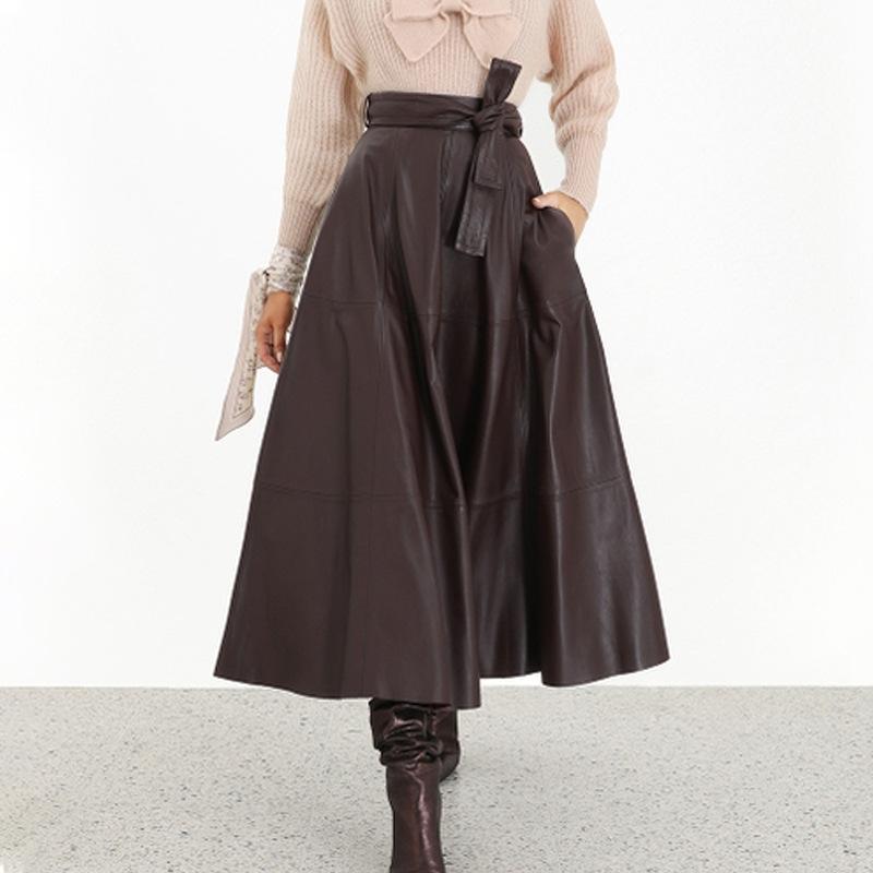 

Skirts High Waist Bow Tie Pocket PU Leather Long Autumn 2021 Plus Size Harajuku European Pendulum Half Skirt Women Clothes W333, Black