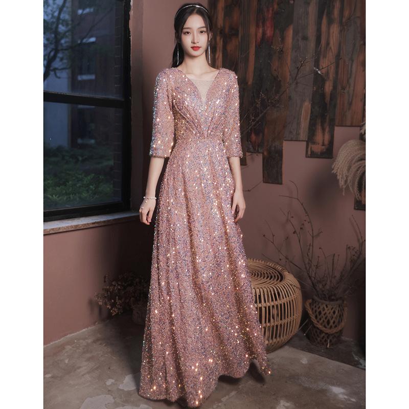 

Ethnic Clothing Sequins Women Evening Dress Floor-Length Pleated Dresses Elegant Sexy V-Neck Banquet Skirt Bridesmaid Wedding Party Prom Gow