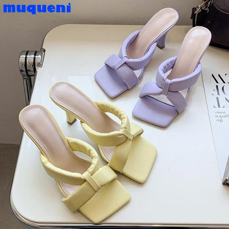 

Slippers Casual Shoes Women Heels Square Toe Slides Pantofle Luxury High Thin 2021 Rome PU Rubber Slipers, Black