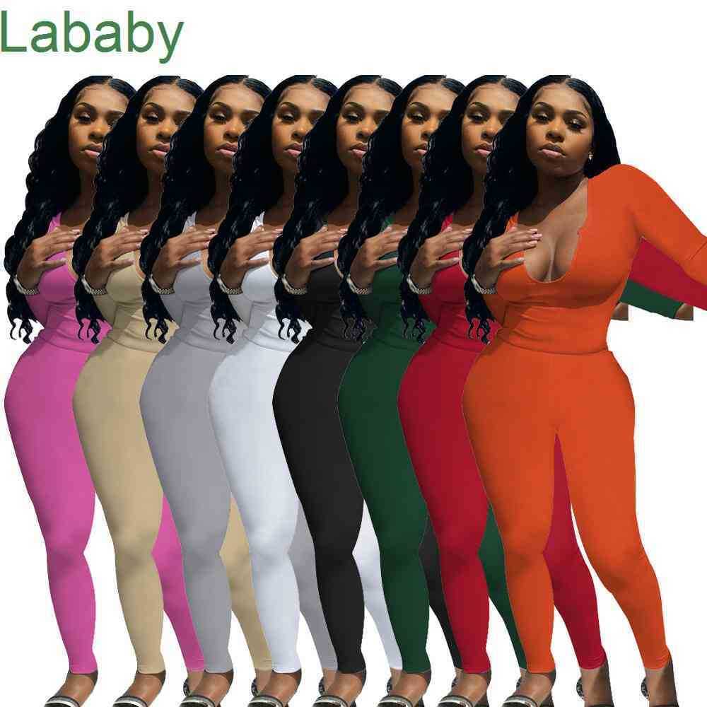 

Women Two Pieces Pants Designer Tracksuits Slim Sexy Deep V Neck Long Sleeve Pants Outfits Solid Matte Elastic Sportwear 8 Colours, Gray