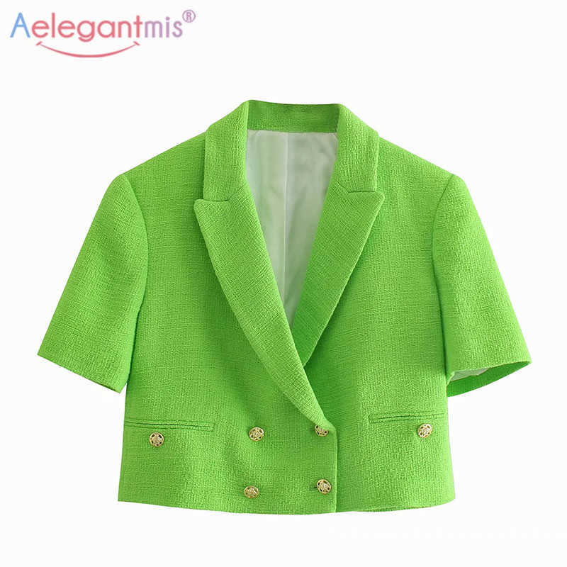 

Aelegantmis Korean Vintage Green Two Piece Sets Women Fashion V Neck Female Tops and Buttons Short Pants Chic Summer Suits 210607