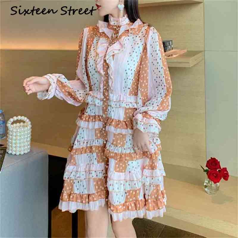 

Polka Dot Ruffles Dress Woman Lantern Sleeve High Waist Autumn Vestidos Spring Turtleneck Design Elegant Female 210603, The picture color