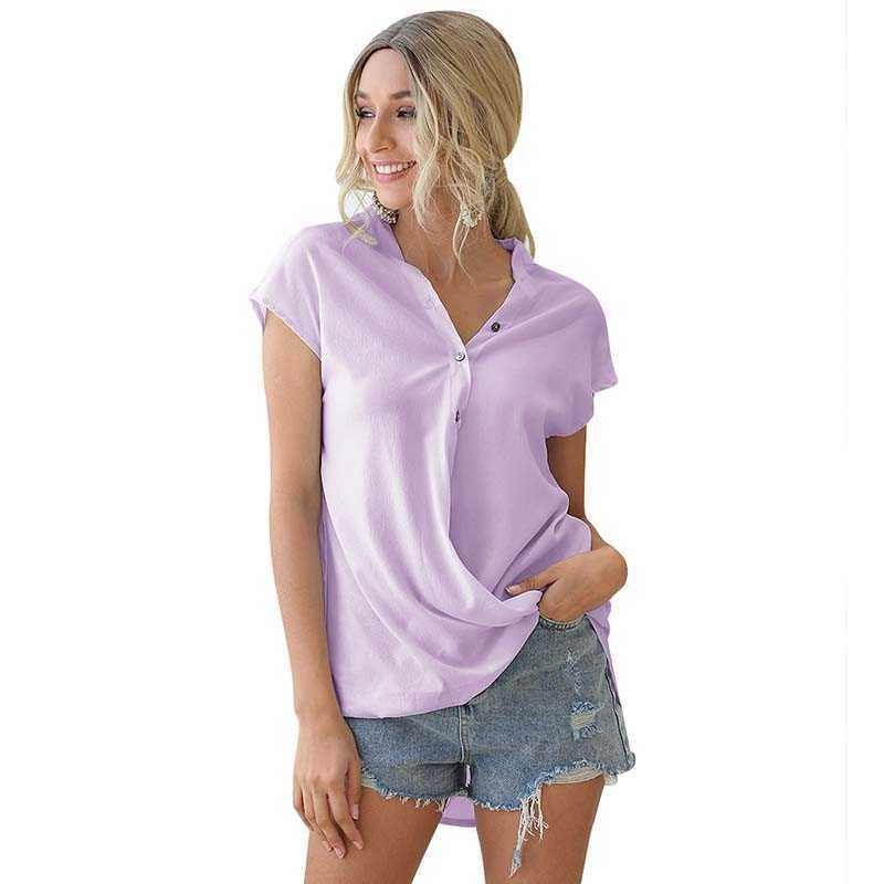 

Womens Top And Blouses Summer V-neck Short Sleeve Office Chiffon Blouse Plus Size Tops For Women Casual Ladies Shirts 210608, Light blue