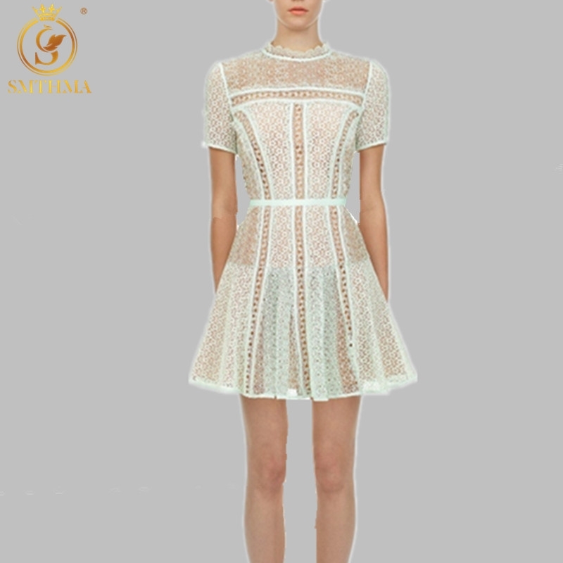 

Arrival Summer Dress High Quality Self Portrait Runway Hollow Short Sleeve Mint Green Lace Vestidos 210520, Photo color
