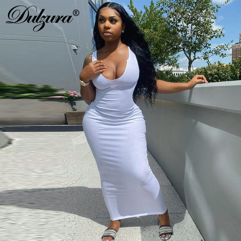 Ribbed Knitted Stripe Women Sleeveless Midi Dress V Neck Bodycon Sexy Streetwear Party Club Elegant 2021 Spring Summer-image-699845797