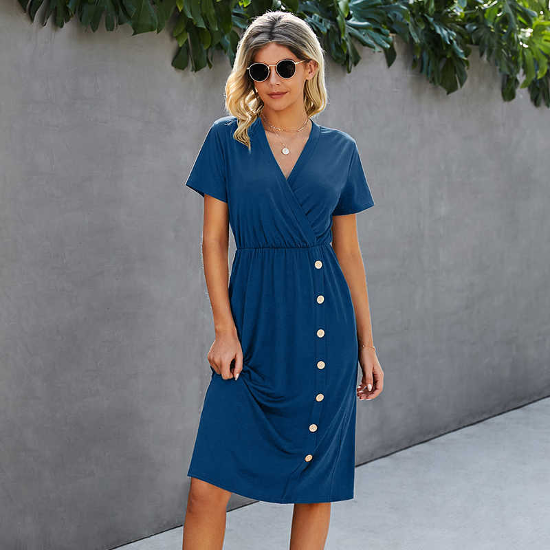 

Solid Color V Neck Short Sleeve High Waist Button Decorated Skinny Long Dress Office Lady Streetwear Casual Maxi 210604, Claret