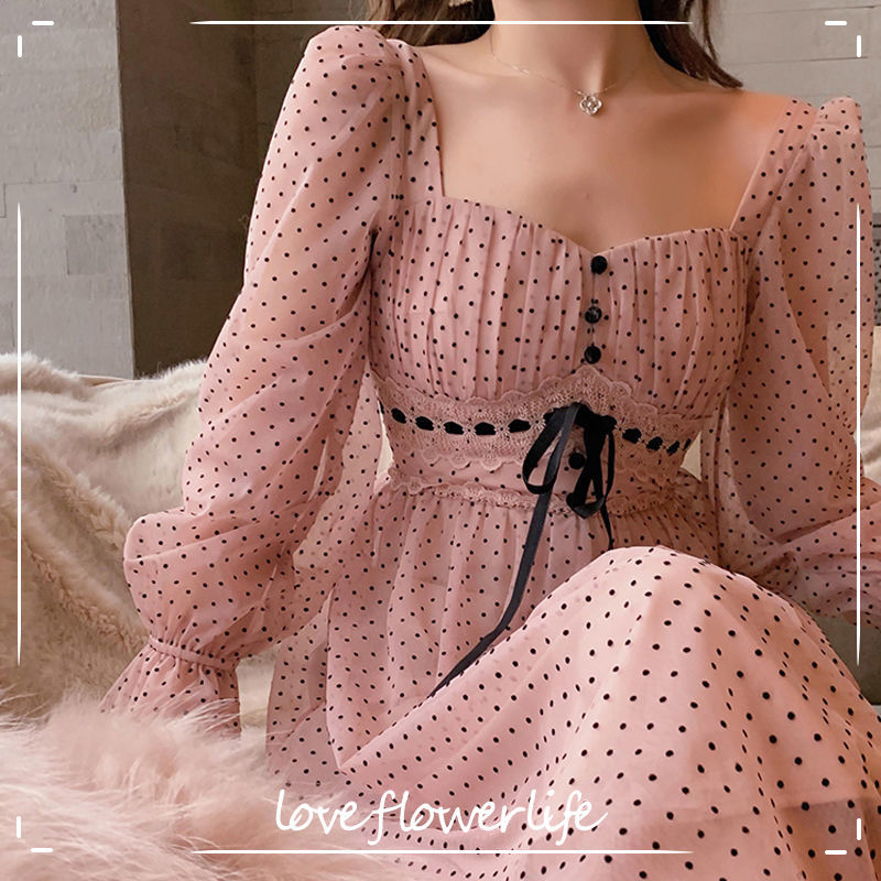 

French Vintage Midi Dress Women Puffer Sleeve Square Collor Office Elegant Dress Female Spring Dot Dress Korean 210521, Light coffee