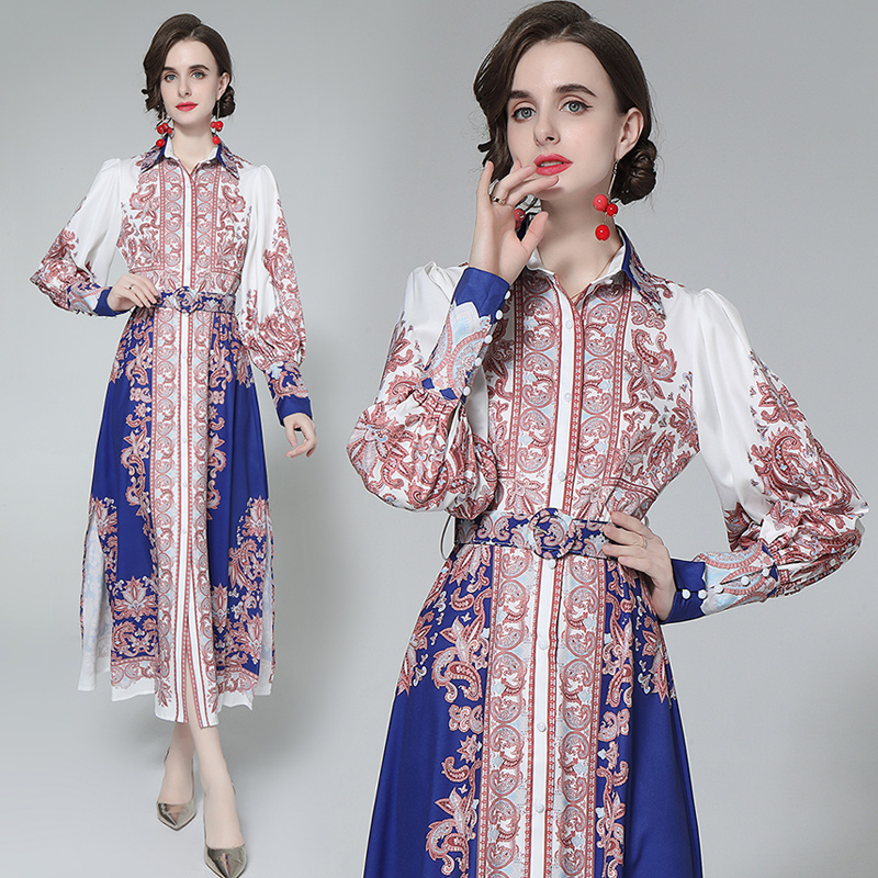 

2021 Elegant Women Printed Shirt Dress With Belt Luxury Designer Long Sleeve Runway Retro Floral Party Dresses Office Slim A-Line Casual Frock Resort Female Clothing