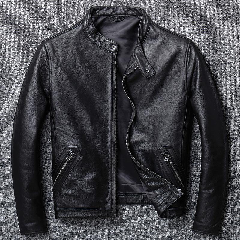 

Men' Leather & Faux Litchi Grain Lear, Japan And South Korea Collar Short Jacket Male Lear Head Layer Cowhide, Black