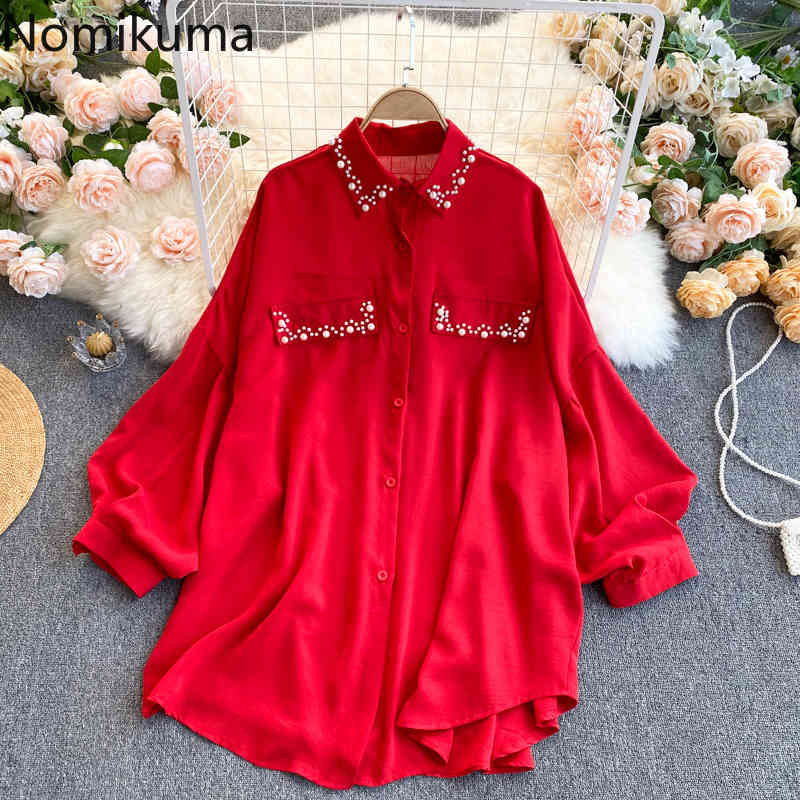 Nomikuma Causal Korean Beads Women Blouses Puff Sleeve Turn-down Collar Camisas De Mujer Elegantes Spring New Blusas 6F517 210427