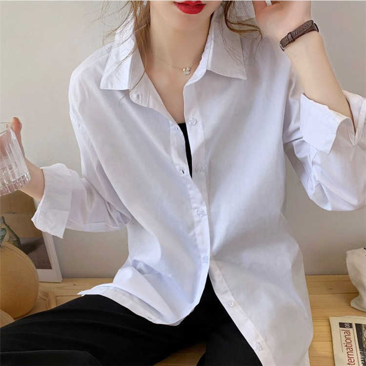 

Solid Shirts Spring and Autumn Loose Turn Down Collar Top White Full Blouse Women 210615