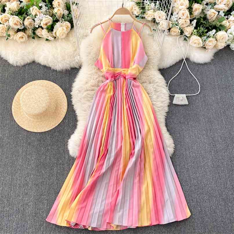 

Chic Rainbow Color Summer Women Maxi Dress Spaghetti Strap Sleeveless High Waist A-line Holidays Party 210603, Light purle