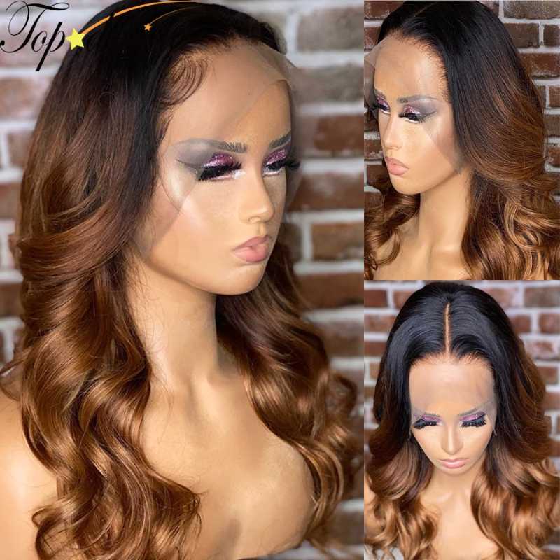 

Lace Wigs Topodmido Peruvian Hair #1B Honey Blonde Ombre Color Front 13x6 Body Wave Human Remy Wig 150% Density, Black;brown