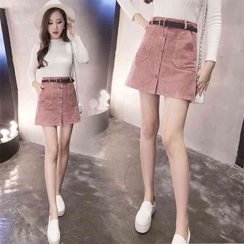 

Autumn Office Lady Women Short Skirt Denim Style Button A-line Corduroy High Waist Pocket Mini With Belt Bottoms 210519, Pink