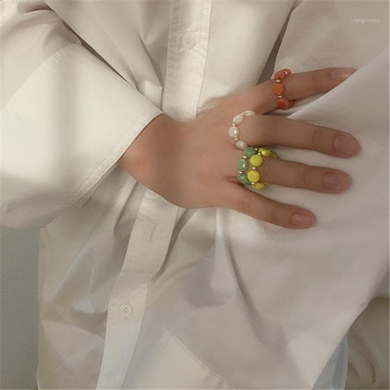 

Cluster Rings HangZhi 2022 Vintage Colorful Geometric Round Love Marble Shell Beaded Transparent Ring For Women Party Summer Jewelry Gift, Golden;silver