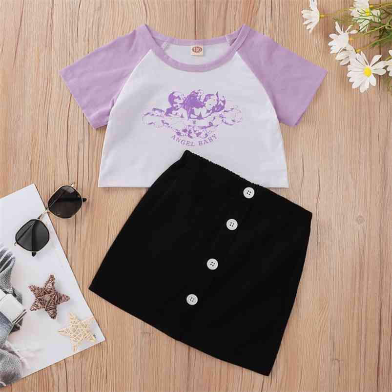 

Summer Children Sets Short Sleeve Print Angle Letter T-shirt Single Breasted Black Skirt Cute Girls Boys Clothes Set 2-10T 210629