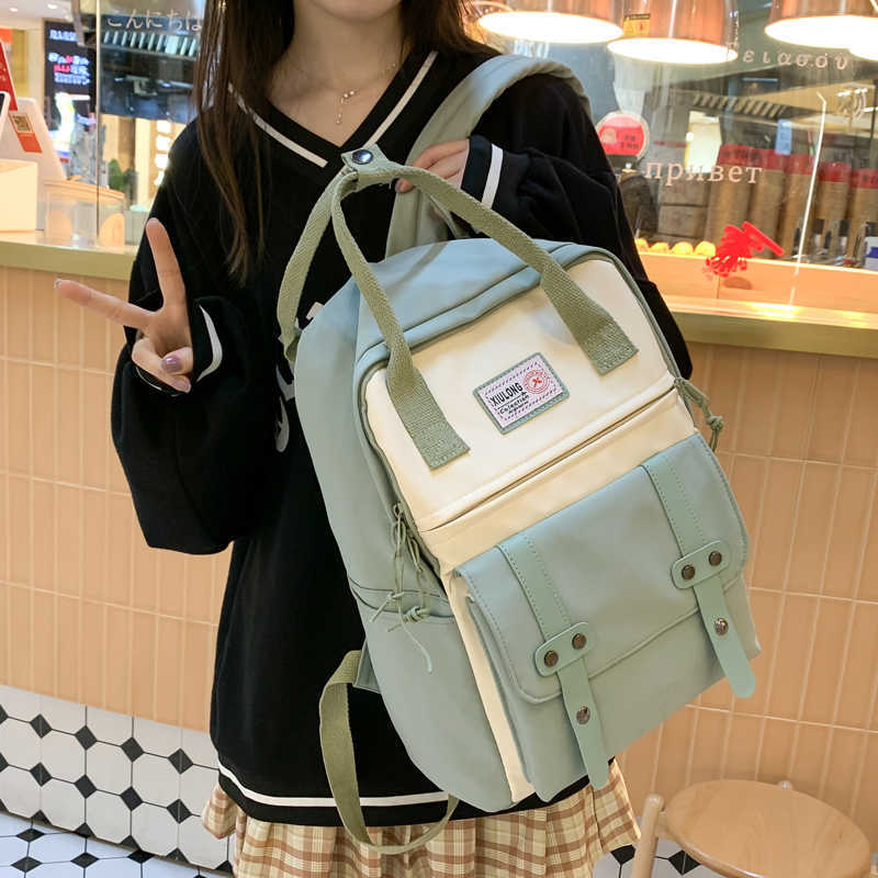 

JULYCCINO Kawaii Women Nylon Backpack Fashion Waterproof School Bags for Teen Girls Patchwork Backpack Cute Student Bookbag Lady Y0804, Blue