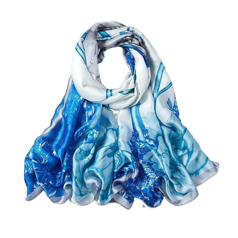 

Scarves 180*90cm Spring 2021 Luxury Silk Scarf Female Flower Printed Satin Sun-shade Long Beach Wrap Big Size Muffler Hijab Women