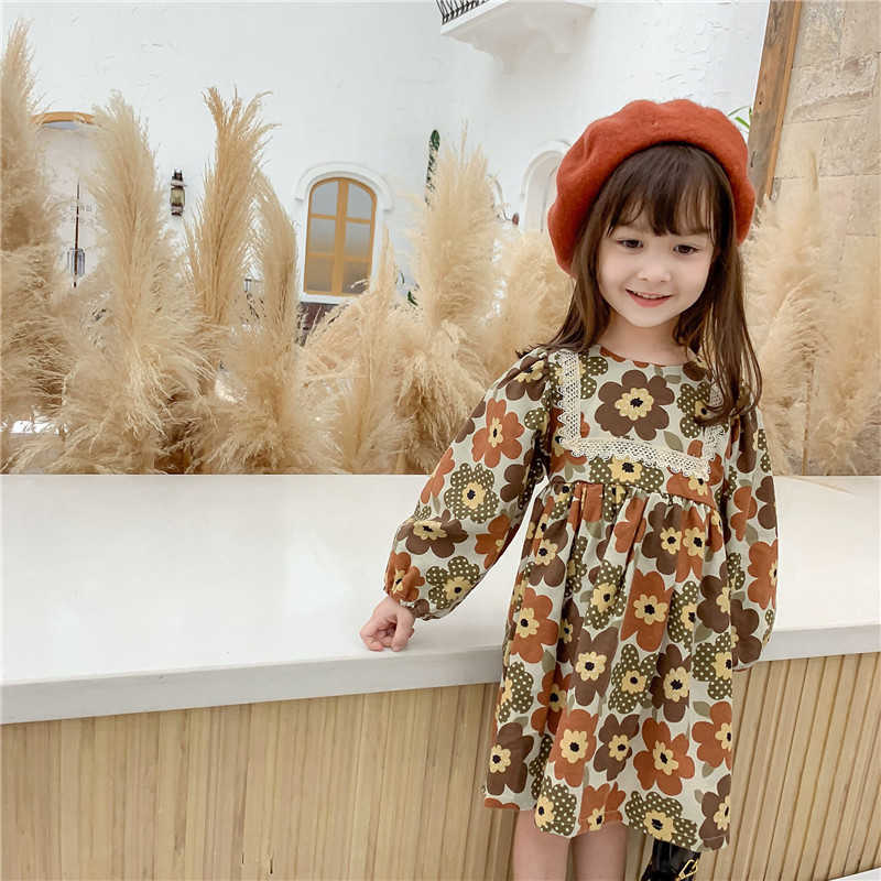

Spring autumn girls fashion retro floral dress Korean style children literary soft cotton casual dresses 210615, Blue