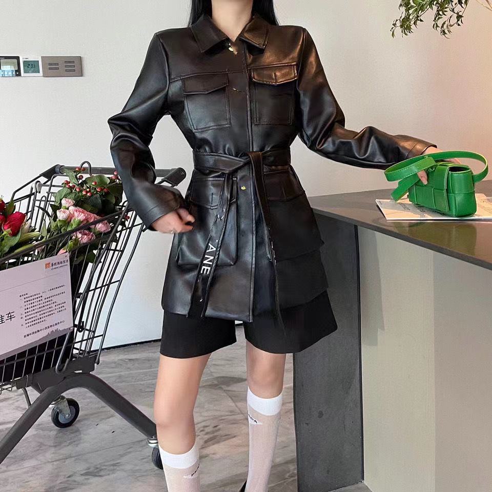 

Women' Jackets Ultra-high quality design for autumn/winter 2021 slim fashion embroidered leather coat with belt, Black
