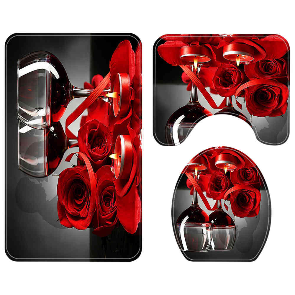 Bath Mat 3 pcs/Set Rose Red Wine Printed Pattern Toilet Cover Foot Pad Non-slip Absorbent Bathroom Door Mat Bath Rug Carpet-image-689818579