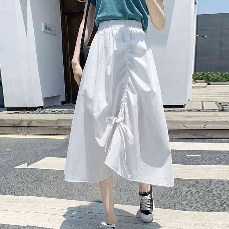 

skirts Summer Drawstring White Long Waist Pleated High Low A- line Irregular Mid-calf Drape Skirts, Black