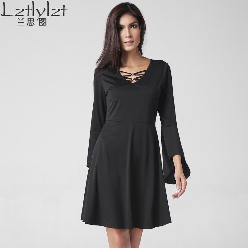 

Casual Dresses 2021 Womens Summer Arrival Slim Fashion Sexy V-neck Horn Sleeve Black Dress High Quality